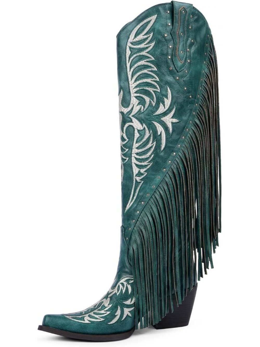 Women's Green Embroidered Studded Pointed Toe Chunky Heel Knee High Boots